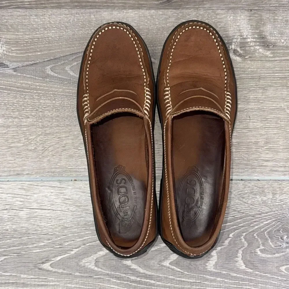 Tod’s Slip On Brown Leather Men’s Sz 7 Vibram Sole Penny Loafers